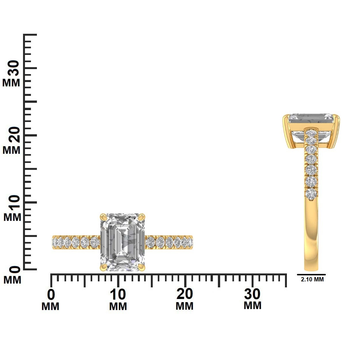 Gold ring with a central emerald-cut diamond dimensions GLAM NYC