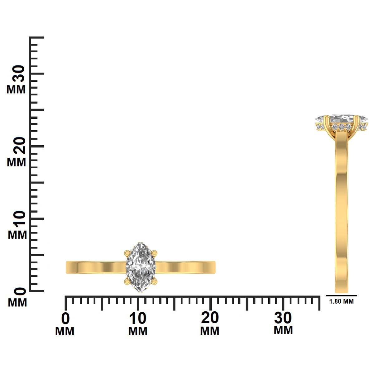 Gold ring with a diamond dimensions GLAM NYC