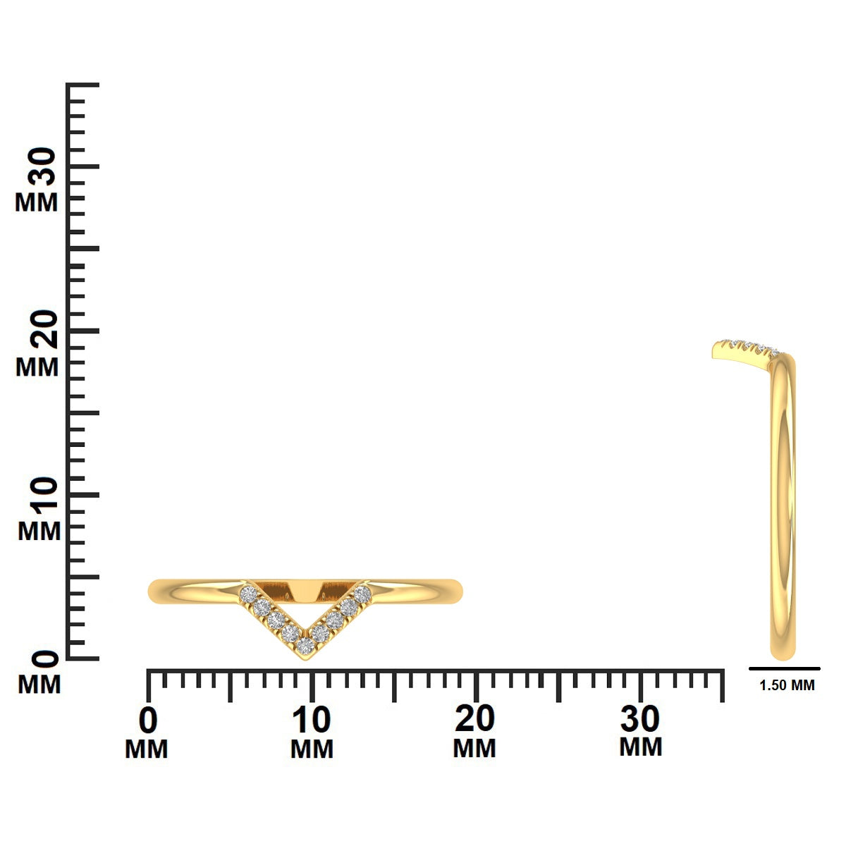 Gold ring with V-shaped design of diamonds dimensions GLAM NYC  