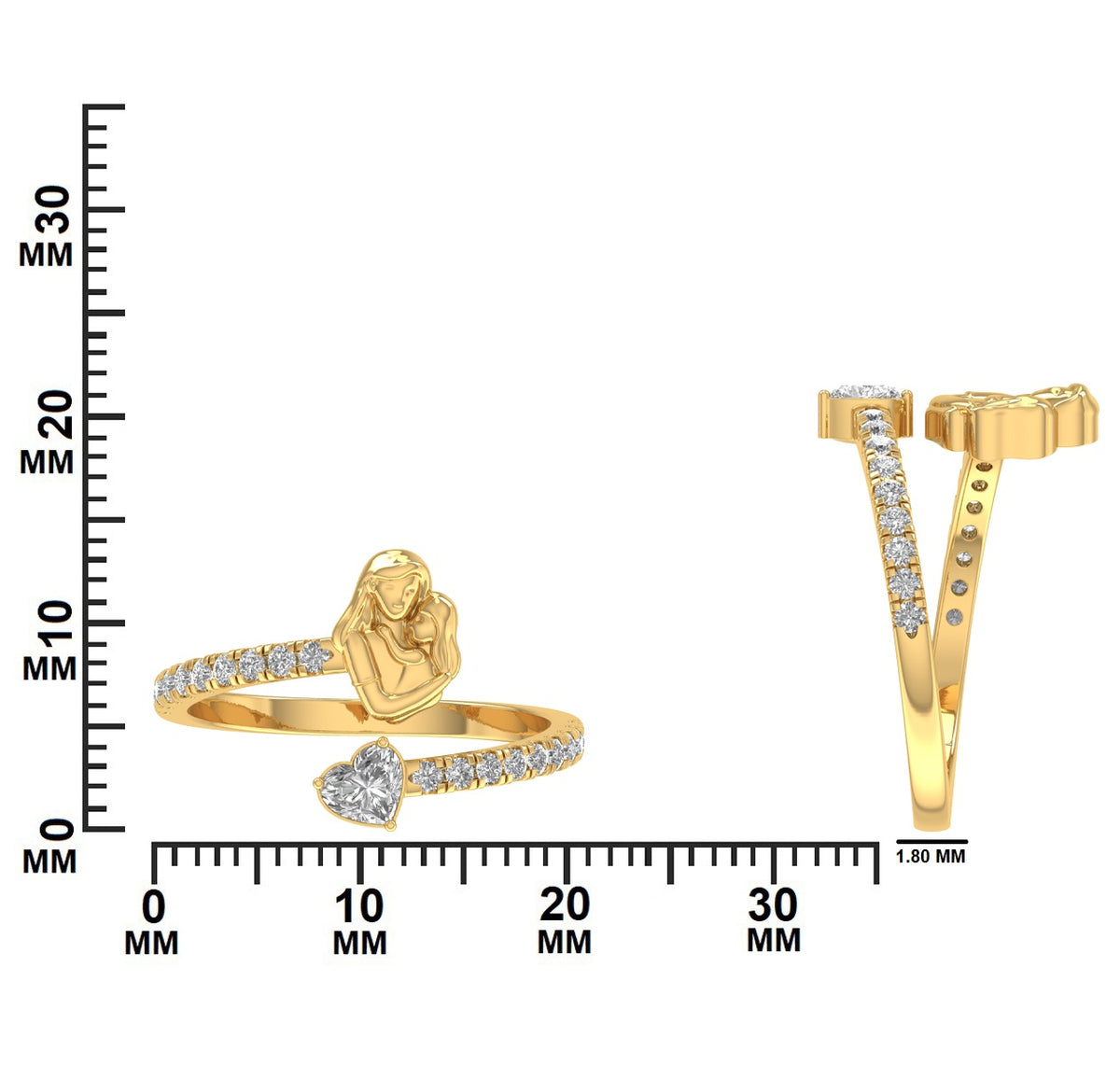 Gold ring with mother holding her daughter and with a diamond heart design dimensions GLAM NYC