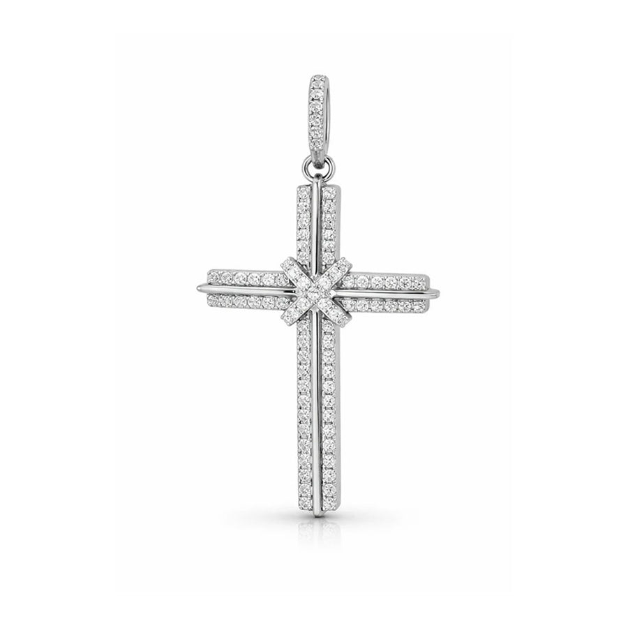 Starburst Double-Row Diamond Cross Pendant – Sterling Silver