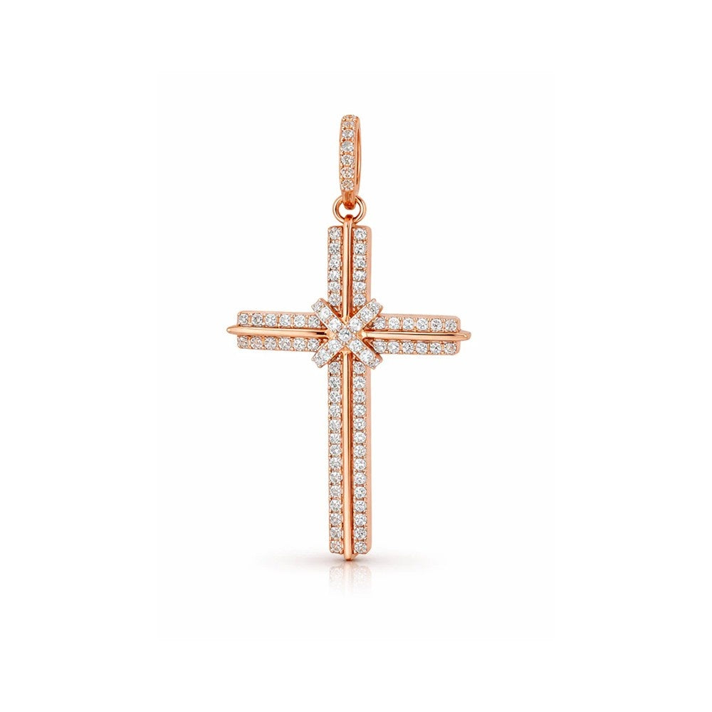 Starburst Double-Row Diamond Cross Pendant – Sterling Silver