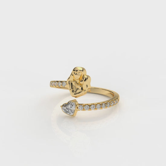 Gold ring with mother holding her daughter and with a diamond heart design GLAM NYC