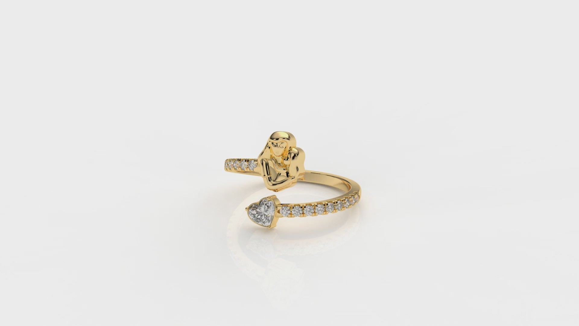 Gold ring with mother holding her daughter and with a diamond heart design GLAM NYC
